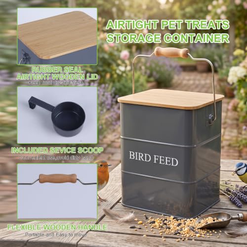 Metal Bird Seeds storage container,Outdoor Bird Container Canister, Pet Food Bin with Wooden Lid/Handle/Food scoop,hold 5-6 Lbs of Wild Bird Seed Sunflower Seed-Preventing Squirrels-Gray - color: Gray