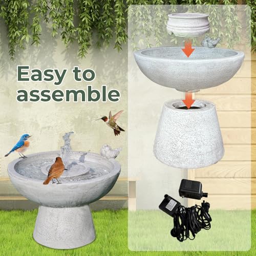 Bird Bath with Bubbler Spray Fountain 13" Height Freestanding Resin Birdbath Water Fountain Plug-in Powered Outdoor Water Feature Bird Playing Bowl for Garden, Patio, Yard, Balconies and Lawns