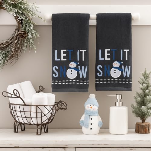 Christmas Bathroom Hand Towels- Set of 2 100% Cotton Dark Gray Winter Embroidered Snowman Let it Snow Design- 16 x 25 Festive Bath & Kitchen Decor - color: Let It Snowman
