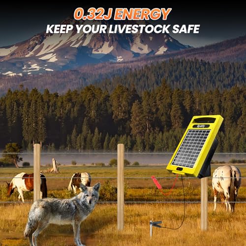 24-Hour Solar Electric Fence Charger, 0.32J, 20-Mile for Livestock | Portable All-in-One Energizer, 5700-10200V Pulse Output, 24/7 Solar Charging, Weatherproof, Deters Predators - color: Yellow