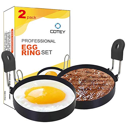 COTEY 3.5" Egg Rings Set of 2 with Silicone Handle, Large Ring for Frying Eggs, Round Mold for English Muffins - Griddle Cooking Shaper for Breakfast | Stainless Steel Fried Egg Cooker Ring Molds for English Muffin. Heat-resistant Silicone Handles Ideal f