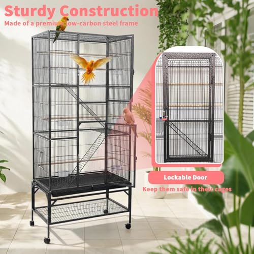Wrought Iron Flight Cage Large Rolling Parrot Cage with Divided Breeding Function for Parrot Turtledove Oriole Cuckoo Budgie Parrotlet Comes with Slide Out Tray Lockable Door 4 Wooden Perches
