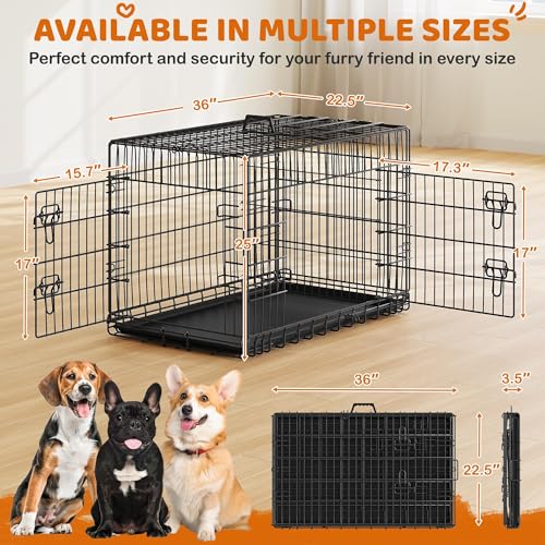 Yaheetech 36in Double Door Metal Dog Crate w/Divider for Puppy Indoor Use | Heavy-duty Sturdy Metal Frame, Easy Assemble, Fold Up for Travel, Removable Tray, Ideal for Puppies, Small to Medium Dogs - size: 36" L