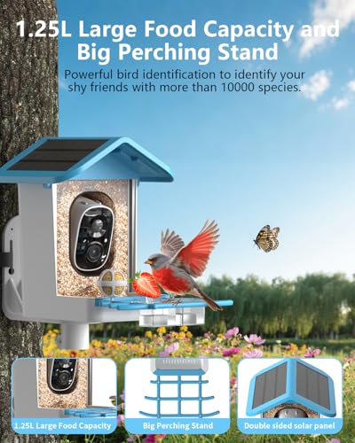 Bird Feeder with Camera, 2K Smart BirdCamera with Solar Powered, AI Identify Birds Species, Instant Arrival Alerts, 2.4Ghz WiFi Bird House for Outdoors, Ideal Gift for Family and Bird Lovers (Blue) - color: Blue
