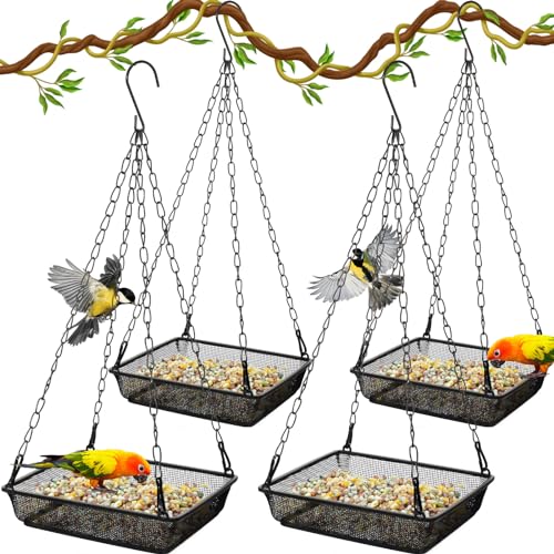 4 Pieces Hanging Bird Feeder Tray Platform Metal Mesh Feeder Seed Platform for Bird Feeding Outside Outdoors Wild House Hanging for Attracting Birds, Black(Square) - style: Square