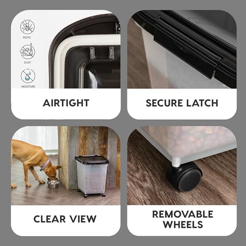 IRIS USA Dog Food Storage Container, Up to 25 lbs, Black, Made in USA | Wheels for Mobility, Airtight Seal, BPA-Free, Best for Bird Seed, Cat food, Cat Litter, Chicken Feed, Pellets - color: Black, size: 25 lbs