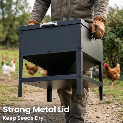 Metal Chicken Feeder, 56L Large Capacity Galvanized Steel Poultry Feeder with Raised Legs, 18 x 19.3 x 18 in Feed Storage Bin for Chickens, Ducks and Backyard Coop, Black