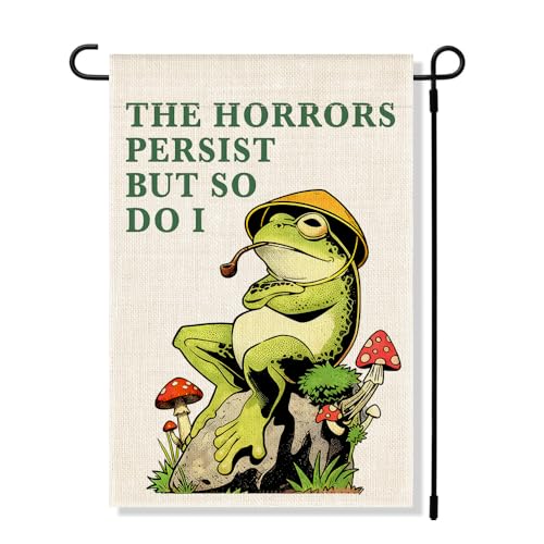 RZHV The Horrors Persist But So Do I Double-Sided Garden Flag for Outdoor House Yard Sign Garden Decor Parade, Funny Frog Social Justice Yard Sign, Motivational House Patio Outdoor Banner - color: Horrors
