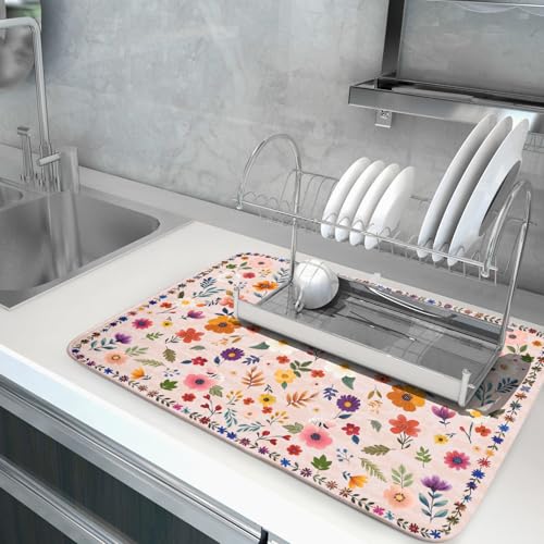 Spring Flowers Dish Drying Mat - Summer Pink Floral Washable Decorative Drying Pad for Women Home Kitchen Decor - color: Wildflowers Pink, size: 24" x 18"