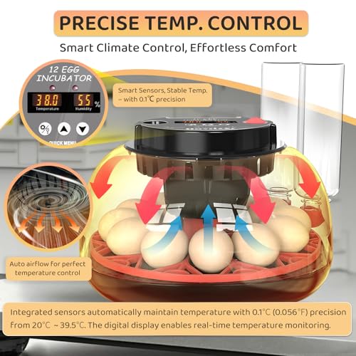 12 Egg Incubator for Hatching Eggs with Fully Automatic Egg Turning, Humidity Control by Bottles, Incubators for Chicken, Ducks, Quail, and Other Poultry Eggs, 360° View with Clear Window
