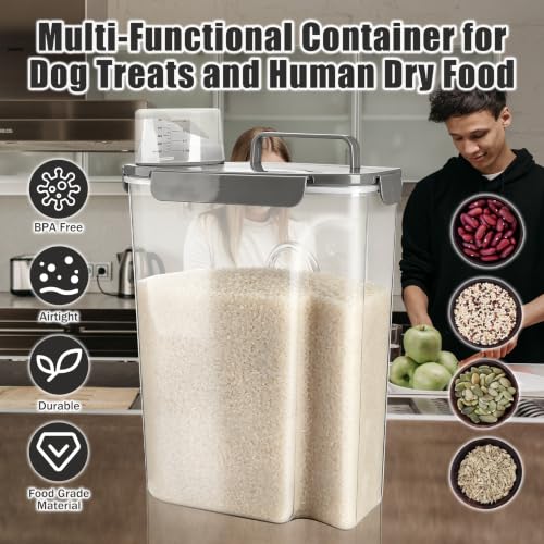 TIOVERY Dog Food Storage Container, 10 Lbs Airtight Pet Food Containers, Cat Food Container Dispenser Bin with Pouring Spout, Portable Handle & Measuring Cup for Dog Treats, Cat Kibble, Bird Feed Grey