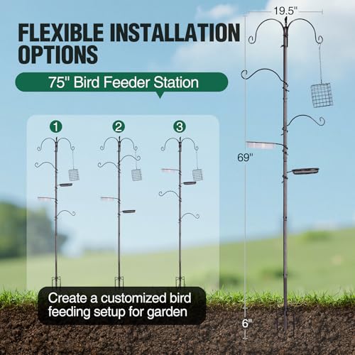 REDCAMP Bird Feeding Station kit, 75" Wild Bird Feeder Stand Pole with 4 Feeder Hanging Poles,for Outside, Multi Feeder Pole Stand Kit for Attracting Wild Birds