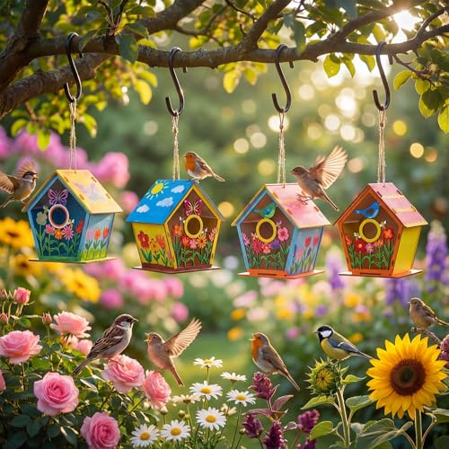 DoubleFill 24 Pack Wooden Bird Houses Painting Craft Kit Unfinished DIY Wood Birdhouses to Build and Paint for Summer Arts and Craft Projects Class Parties Birthday Party Favors