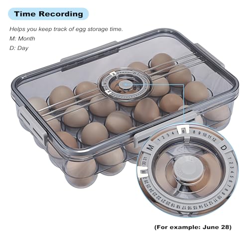 BSTKEY Egg Holder for Refrigerator, Egg Container with Time Scale, Egg Holder with Lid for Kitchen Storage, Stackable Tray for 24 Eggs - size: Hold 24 eggs