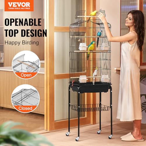 VEVOR 64-inch Open Top Large Parrot Bird Cage with Detachable Rolling Stand for Parakeets Finches Canaries Lovebirds Cockatiels Budgies Small Quaker Conures Flight Birdcage with Swing and Perch - size: 18.0"L x 14.0"W x 59.5"H