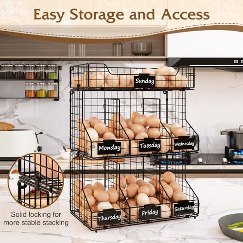 Egg Holder Countertop, 3-Tier Egg Rack, Stackable Wire Baskets | 3 iron baskets; 7 labels; 4 adjustable dividers; stackable or wall mounted - color: Black