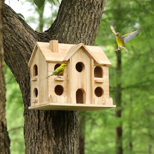 10-Hole Wooden Bird House for Outside, Hanging Birdhouse | Cedar wood backyard birdhouse for small wild birds, ready to hang with entry holes and 11 x 7 x 9 in size