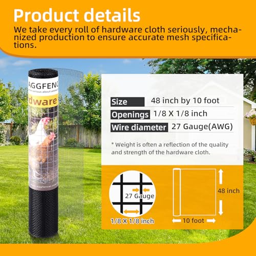 48in x 10ft Black Hardware Cloth 1/8 inch 27Ga PVC Coated Wire | Welded Metal Chicken Wire Fencing, Vinyl Coated Galvanized Wire Mesh Screen Roll, for Garden Plant Fencing Bee Screen - color: Black, size: 48in x 10ft