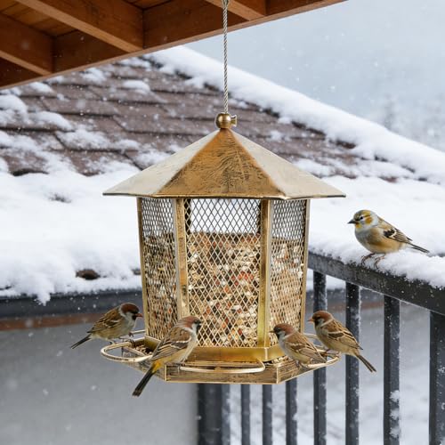 Hexagonal Gazebo Bird Feeders, Weatherproof Wild Bird Feeder for Outdoor | Unique Pavilion Style Metal Bird Feeder for Outside Hanging Garden Patio Backyard Lawn Decor