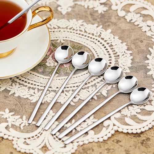 Long-handled Mirror-Finish Small Round Stainless Steel Spoon, Suitable for Scooping Bird's Nest, Honey, Coffee, Milk Powder, Sugar, Cocoa Powder and Other Foods & Desserts (6pcs 6.7", Silver) - size: 6.7in, style: 6Pcs Silver