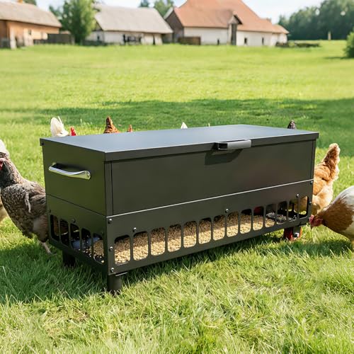 120LBS Automatic Metal Chicken Feeder,Heavy Duty Steel Chicken Feeder Box | Portable Chicken Feede Poultry Feeder with single-side casters and Weatherproof Lid for Ducks, Geese, Black