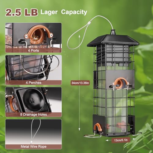 Squirrel Proof Bird Feeder, Hanging Feeder with Gravity Protection | 2.5 LB Large Capacity, Metal Feeders for Outdoors/Garden/Courtyard，4 Feeding Ports for Attract More Small Wild Birds, Black