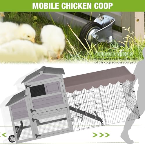 Mobile Chicken Coop Large 79" Chicken House On Wheels All-Steel Frame Hen House Poultry Cage with Metal Run,Waterproof Rain Cover - color: Grey