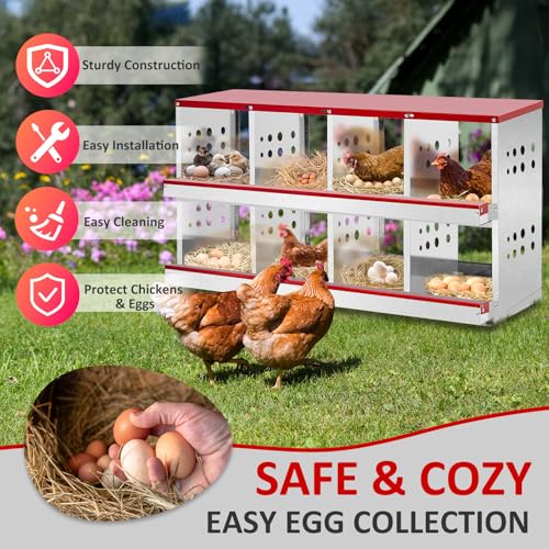 VINGLI Chicken Nesting Box, 8 Compartment Nesting Boxes for Chickens and Hens Roll-Out with Plastic Baskets, Chicken Coop Laying Boxes (8 Grids) - size: 8 Grids