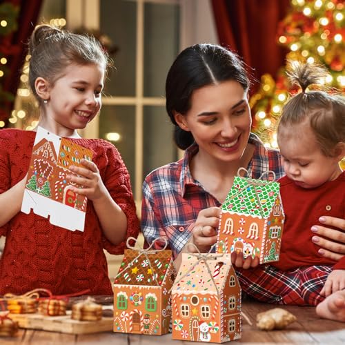 Zhanmai 48 Pcs Christmas Gingerbread House Treat Boxes Candy Containers | Paperboard with Handles, Ideal for Halloween Party Favors, Treats Packaging, Goodie Bags, Holiday Snacks, Xmas Decor - style: Gingerbread House