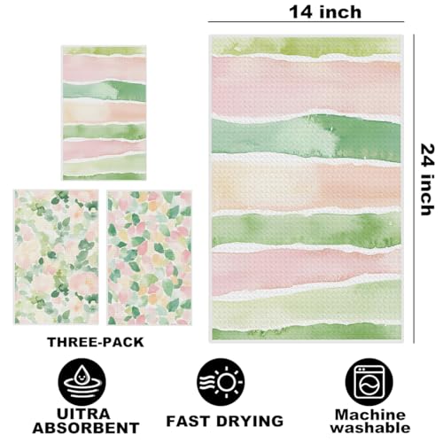 3 Pcs Pink Green Stripe Kitchen Towels, Watercolor Flower Leave Dish Towels | Flower Absorbent Microfiber Waffle Hand Towels for Farmhouse Home Bathroom, Housewarming Gifts - color: Multi 1401
