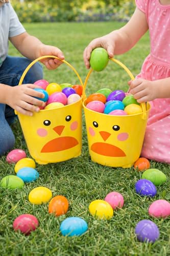 Yellow Chick Easter Basket for Kids, Cute Animal Design Plastic Bucket with Handle for Easter Egg Hunts, Holiday Parties, and Spring Celebrations