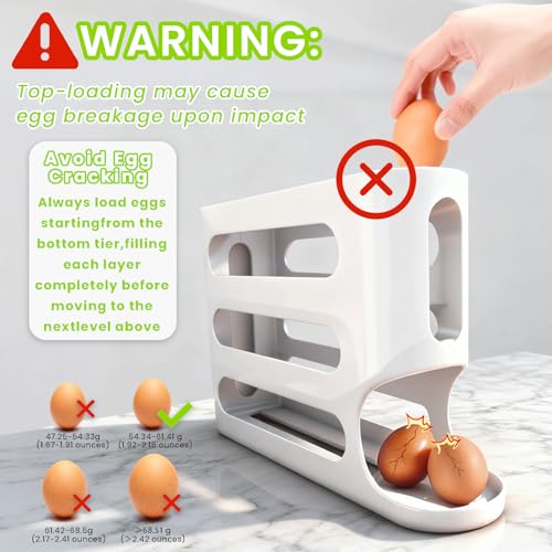 Egg Holder For Fridge, Automatic Rolling Dispenser | Space-Saving Side Door Storage Rack, Generous Design Accommodates Up To 30 Eggs - color: white