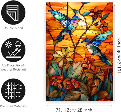 Stained Glass Hummingbird Garden Flag Spring Summer House Flag Fall Floral Decorative Yard Flags for Outside 28x40 Double Sided Large Seasonal Lawn Flags Rustic Outdoor Decor - color: glasshummingbird