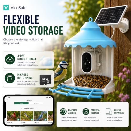 VicoHome N002 Bird Feeder with Camera - AI Bird Recognition, Solar Powered Outdoor Birdhouse Cam with Night Vision, Motion Alerts, App Control, Cloud & SD Storage, IP65 Waterproof, 2K HD Live View