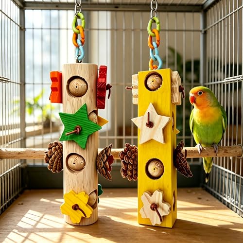 2Pcs Bird Hanging Chew Toys, Suitable for All Birds | Colorful Wooden Beads & Natural Pine Cones, Foraging & Beak-Grinding, Cockatiels, Lovebirds, Conures, Cage Accessories