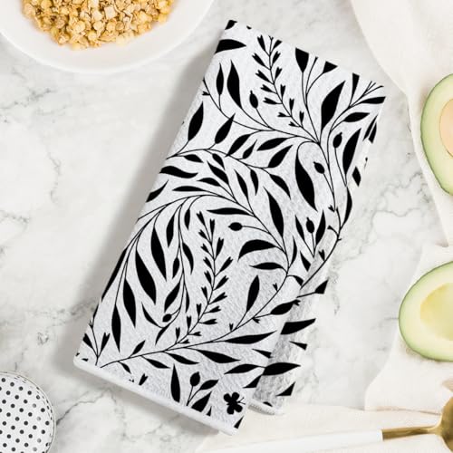 2 Pcs Black White Flower Kitchen Towels, Floral Seamless Waffle Hand Towel | Absorbent Microfiber Dish Cloth Tea Towel for Kitchen Bathroom Decor, Housewarming Gifts for Women 24x14 Inch - color: Multi 1376