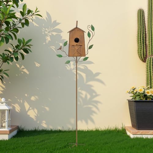 50" Bird Houses for Outside with Pole, Outdoor Metal Birdhouse for Patio, Yard, Garden, Brown - style: Cottage(Brown)