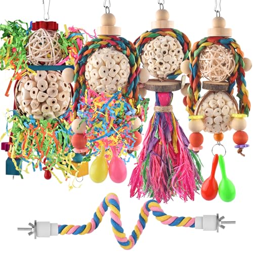 Bissap Conure Toys, 5 PCS Bird Foraging Shredder Hanging Swing Rope Perch Toys Sola Balls with Sand Hammer for Small Parrots Parakeets Conures Cockatiels Love Birds Cage Toy - size: 5 PCS