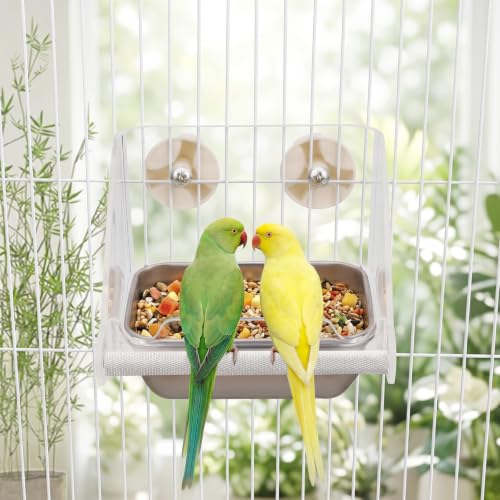 No Mess Bird Cage Feeder, Stainless Steel Parakeet Bowl with Perch | Easy to Install & Clean, No Spill Design, Hanging Bird Feeder for Budgie, Cockatiel, Conure, Lovebird, Canary, Finch
