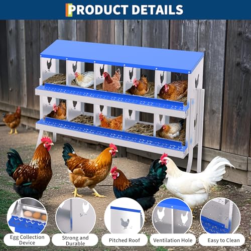 Chicken Nesting Box, 10 Compartment Galvanized Steel Chicken Laying Boxes, Heavy Duty Rustproof Chicken Coop with Easy Egg Collection for Backyard Farms - with Bracket Legs, Blue - color: Blue, size: 10 compartments, with bracket