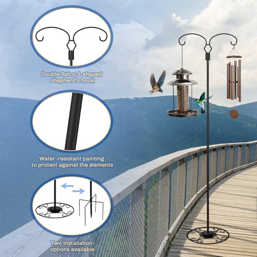 Liitrton 62.6 Inch Double Shepherds Hooks for Outdoor Hanging Bird Feeders | Adjustable Hummingbird Feeder Stand with Round Base, 4 Prongs Base & Water Weight Bag, Garden Decor Hanger