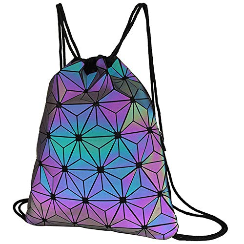 Van Caro Unisex PU Leather Holographic Geometric Drawstring Backpack Gym Travel String Bag, Black - color: Black
