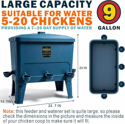 ZINZINULER Large Automatic Port Chicken Feeder and Cup Waterer Set - Chicken Coop Accessories, No Waste Poultry Feeder, 9 Gallon/50 Pounds (Cyan)