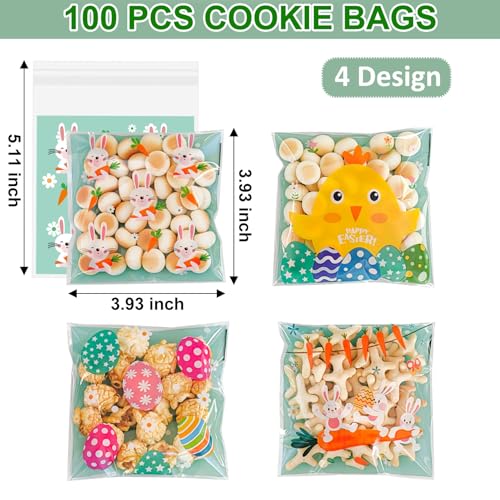100 Pcs Easter Cookie Bags - 4" x 4" Self-Sealing Easter Cellophane Treat Bags, 4 Adorable Designs Small Clear Plastic Candy Bags for Spring Party Favors, Mini Goodie Bags for Egg Fillers & Snacks - color: Easter 100pcs