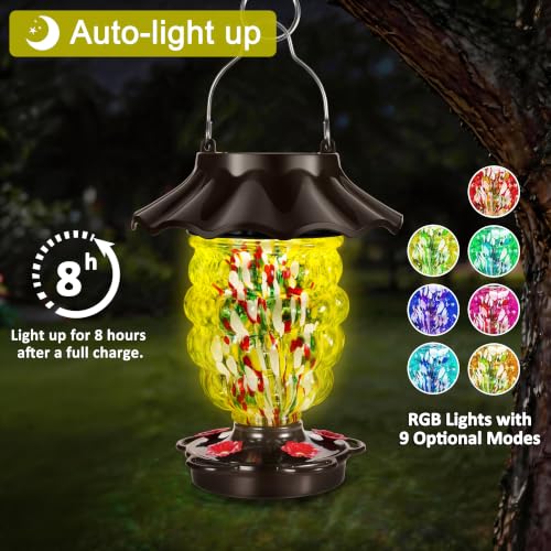 LUJII Solar Hummingbird Feeder for Outdoor Hanging, RGB Illuminated Hand-Blown Glass Lantern, 35 fl.oz, Leak-Free & Rust-Resistant, Metal Cap with 5 Feeding Ports, Pineapple Design, Yellow - color: Yellow