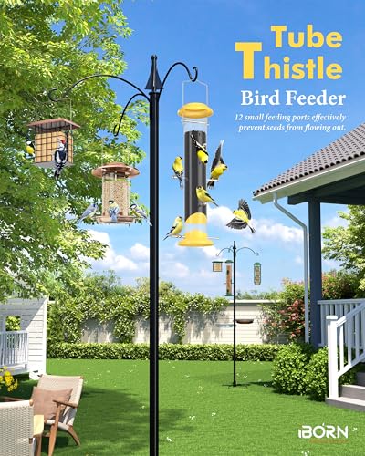 iBorn Finch Feeders for Outside,Nyjer/Thistle Bird Feeder,14 Inch Tube Bird Feeders for Outdoors Hanging,Metal Finch Feeders for Thistle Seed with 12 Small Ports,8 Metal Perches,Yellow,Pack of 1