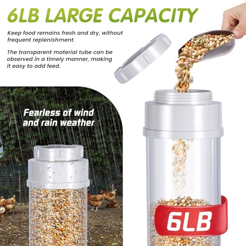 6Lbs PVC Poultry Gravity Feeder Large Hanging Automatic Chicken Feeder Port | Chicken Feeder No Waste with Lid and Visual Tube Poultry Hanging Chicken Coop Feeder Port for Quails,Ducks,Turkeys,Geese