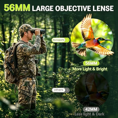 Aurosports 15x56 Binoculars for Adults - High Powered Bird Watching BAK4 & FMC Large Lens Clear Low Light Vision, Hunting Hiking Cruise Ship Men Gift