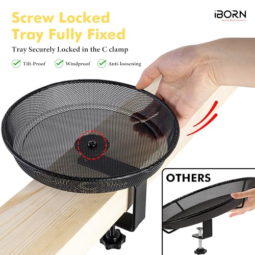 iBorn Deck Bird Feeders for Outdoors,Platform Bird Seed Tray with 5.5 lbs Capacity,Balcony Porch Railing Bird Feeder, Drainage Mesh Holes,Tilt-Proof, Windproof, Anti-Loosen, Easy to Refill&Clean,Black