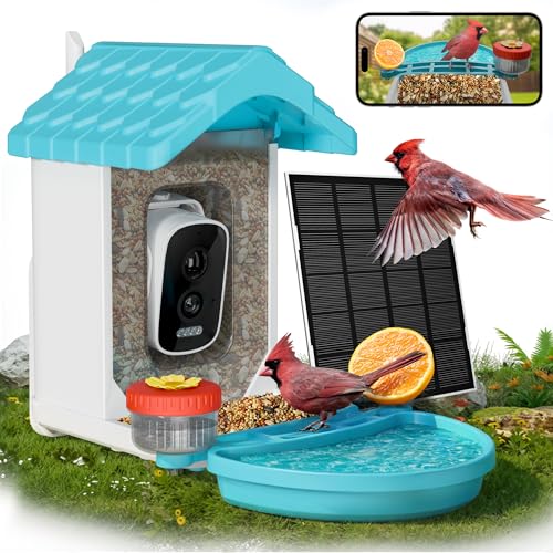 2-in-1 Smart Wild Bird Feeder & Bath with 4K HD Camera, AI Identification Solar Bird Feeder Watching Camera Night Vision for Outdoor Birds Watching Gifts for Birdlover, Blue - color: Blue & White